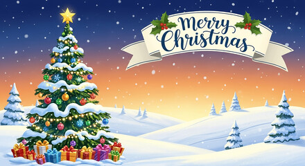 Merry Christmas Banner Above Decorated Tree in Snowy Landscape