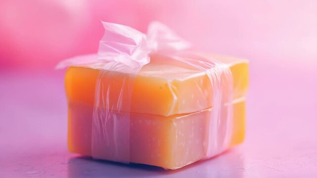 A soap bar wrapped in plastic with a ribbon or bow, ideal for gift wrapping or packaging