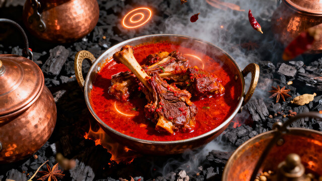 A rich, spicy bowl of traditional Laal Maas featuring tender mutton pieces cooked in a deep red chili gravy. The dish is presented in a rustic metal bowl placed over hot charcoal, with aromatic whole 