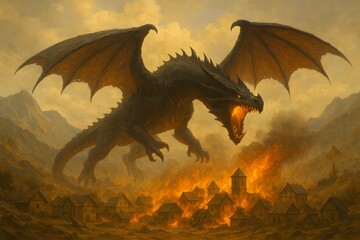 Epic fantasy illustration of a massive dragon angrily attacking a hidden village in the mountains under a bright, hot midday sun.