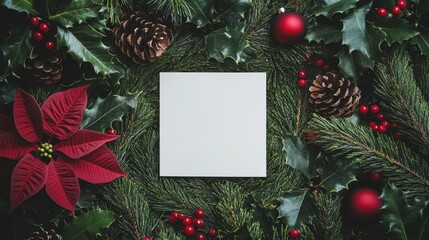 Christmas flat lay with blank white square for text, surrounded by pine, holly, poinsettia, pine cone, red berry, bauble