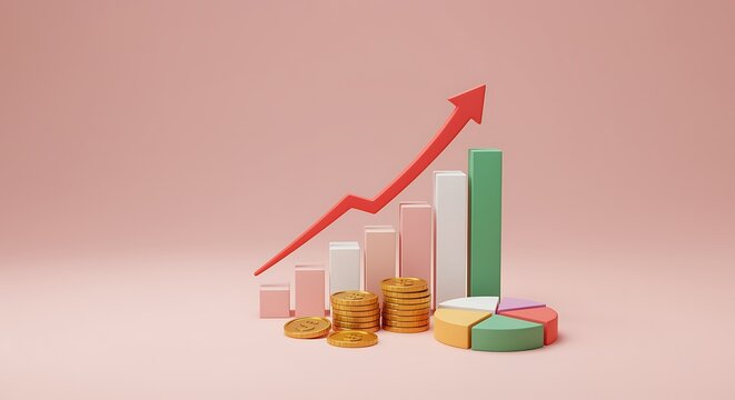 Financial success concept with graph coin and pie chart on pink background