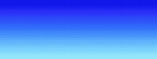 Blue pixel art gradient background. Retro video game aesthetic with square pixels. Digital texture for banner graphic web design.