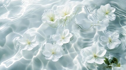 White flowers gently floating on the clear, rippling surface of water, creating a serene and tranquil natural scene with soft light reflections