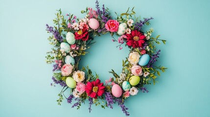 Vibrant easter wreath with colorful spring flowers and pastel eggs on a light blue background, perfect for seasonal celebration