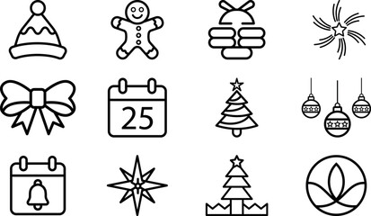 Christmas Line Icon Set – Festive Holiday Symbols, Decorations, Winter Outline Graphics