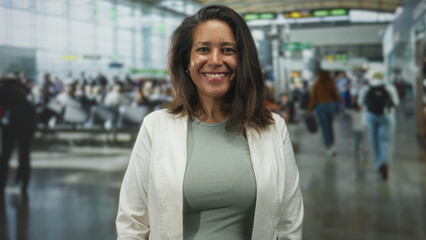 Woman smiling with visible face and relaxed posture at a busy airport terminal, wearing white jacket and sage green ribbed top; confidence.