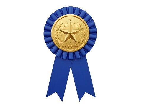 Elegant blue rosette ribbon with a distinguished golden star medallion	