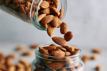 Almonds pouring from a glass jar.