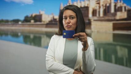 Fototapeta premium Woman holding creditcard to camera with one arm crossed in front of a building; confidence identity.