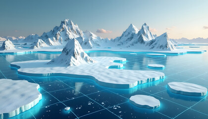 Arctic landscape with icebergs, mountains, and a grid pattern on the water
