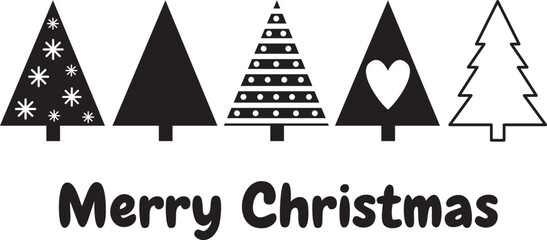 Set of 5 Christmas Tree Icons with Merry Christmas Text: Holiday Graphics, Pine Tree Vector Bundle