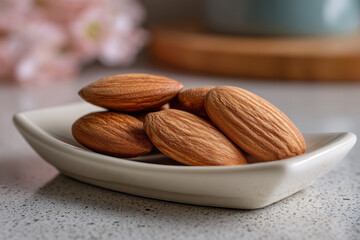 Close-up of almonds in a small white dish, healthy snack concept.