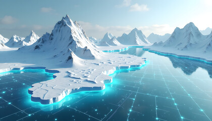 Futuristic arctic landscape with glowing ice and snow-capped mountains