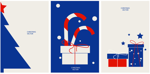 Merry Christmas brochure cover set in flat design. Poster templates with Christmas decor, holiday, socks and santa. christmas template background Vector.