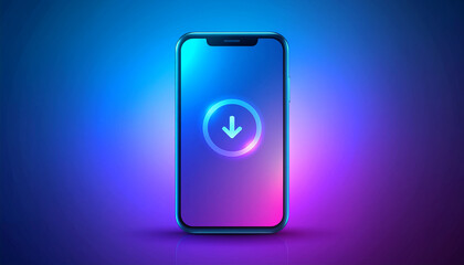 Smartphone showing a glowing circular download icon on a vibrant blue‑to‑pink gradient background, symbolizing mobile downloads, app updates and secure digital content transfer.