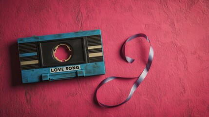 A vintage blue cassette tape labeled love song with a decorative purple ribbon, symbolizing romance and nostalgic music on a red background