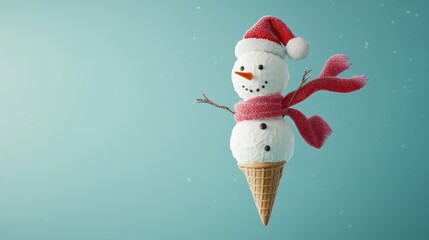 Whimsical snowman of ice cream scoops, wearing santa hat and red scarf, stands in waffle cone against blue background with falling snow