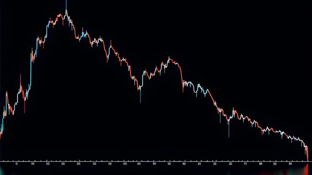Data visualization of market fluctuation showing initial rise then a consistent downtrend. Financial graph with digital chart lines for trading analysis.