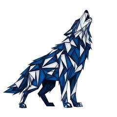 Wolf howling composed of blue and white triangles with red eyes