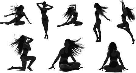 Expressive silhouette poses, dance and yoga movements, graceful human shapes, black vector illustration, dynamic posture set, artistic motion reference design