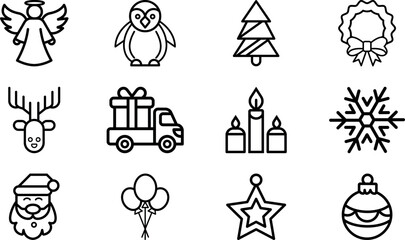 Holiday Line art Collection – Christmas Symbols and Winter Décor Icons, Line Art Christmas Icons Pack, Holiday Characters and Decorations