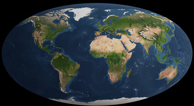 World map showing continents and oceans in a full earth view