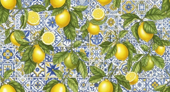 Vibrant lemons on a blue and white mediterranean tile pattern background