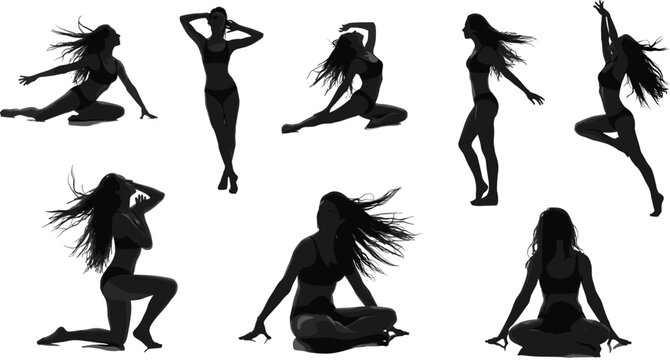 Expressive silhouette poses, dance and yoga movements, graceful human shapes, black vector illustration, dynamic posture set, artistic motion reference design
