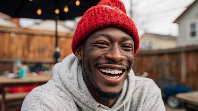 Man wearing red hat smiling outdoors.