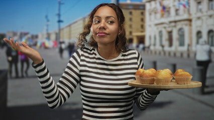 Woman holding wooden tray of muffins with palm up shrug gesture on a city street in front of buildings and pedestrians; curiosity.