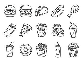 Fast Food Vector Illustration Set. Hand-drawn line art collection featuring burger, taco, hot dog, fried chicken, pizza, french fries, onion ring, milkshake, soda, and snacks.
