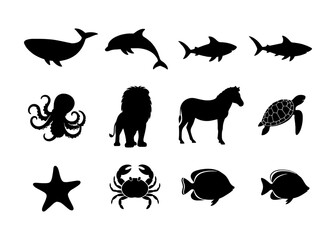 Diverse Animal Silhouettes Set: Wildlife, Marine, and Safari Vector Icons