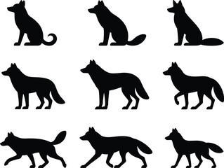 Wolf silhouette collection in various poses, wild animal vector set, forest predator illustration, nature wildlife design, canine shape symbols