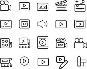 Video recording icons, film production symbols, media player controls, camera, video editing, play button, movie clapper, multimedia tools, content creation