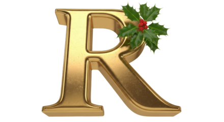 Golden letter R with holly isolated PNG, festive alphabet character for Christmas and New Year design on transparent background