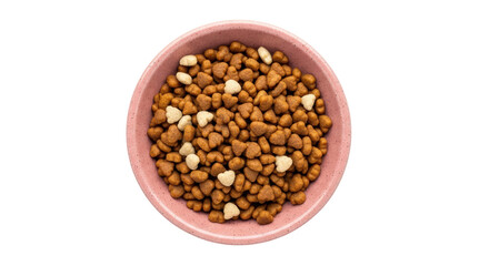 Dry pet food in pink bowl isolated PNG, nutritious kibble for cats and dogs on transparent background, balanced meal