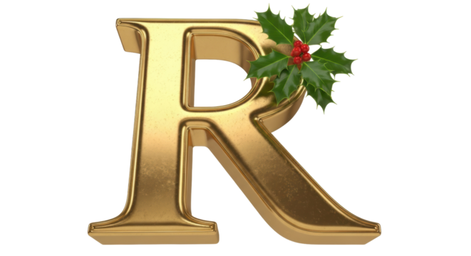Golden letter R with holly isolated PNG, festive alphabet character for Christmas and New Year design on transparent background - Powered by Adobe
