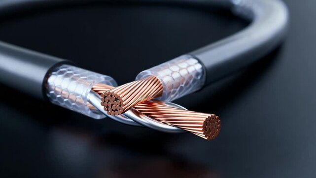Closeup of advanced wiring coated with nanotechnology insulation showcasing enhanced energy loss reduction and high conductivity in innovative electrical systems.