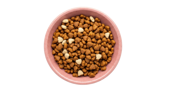 Dry pet food in pink bowl isolated PNG, nutritious kibble for cats and dogs on transparent background, balanced meal