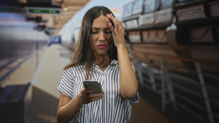 Fototapeta premium Hispanic woman standing on boat deck holds smartphone, touches forehead and frowns in street scene; travel frustration.
