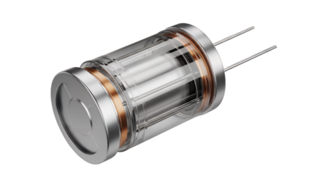 Close up of a clear vacuum tube with copper windings, isolated on transparent background