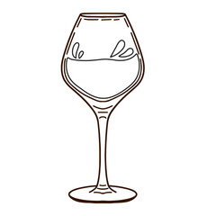 The minimalistic hand-drawn illustration shows a wine glass with a black outline on a white background. doodle, line art