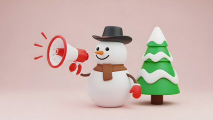 Cute Snowman Character Holding Megaphone Christmas Tree Snow Seasonal Announcement Marketing Promotion Sale Template 3D Render