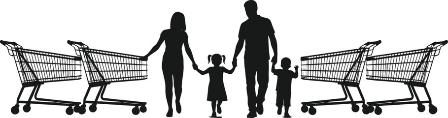 Family shopping silhouette, grocery store trip, parents and children, retail activity scene, black vector illustration, togetherness concept, consumer lifestyle design