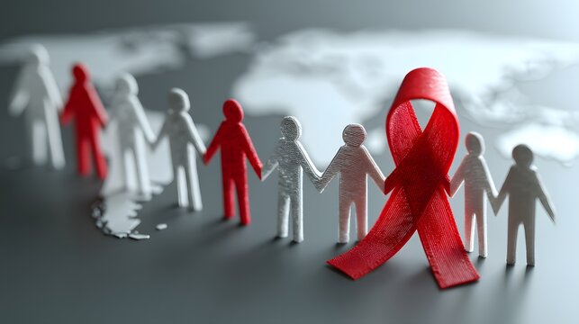 Global Unity Against HIV and AIDS with Red Awareness Ribbon and Paper-Cut People Holding Hands Around the World Supporting Healthcare, Prevention, Hope and Social Solidarity