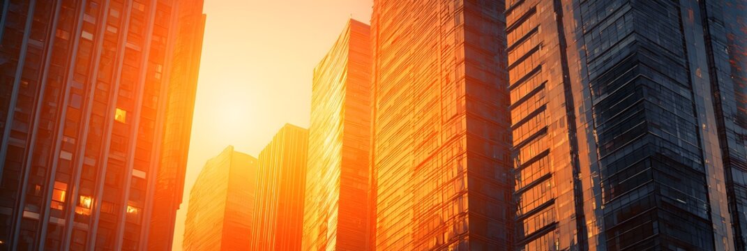 Modern City Skyscrapers With Golden Sunset Light Reflections On Glass Architecture