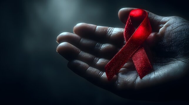 Close-up hand holding red HIV awareness ribbon symbolizing support and prevention.