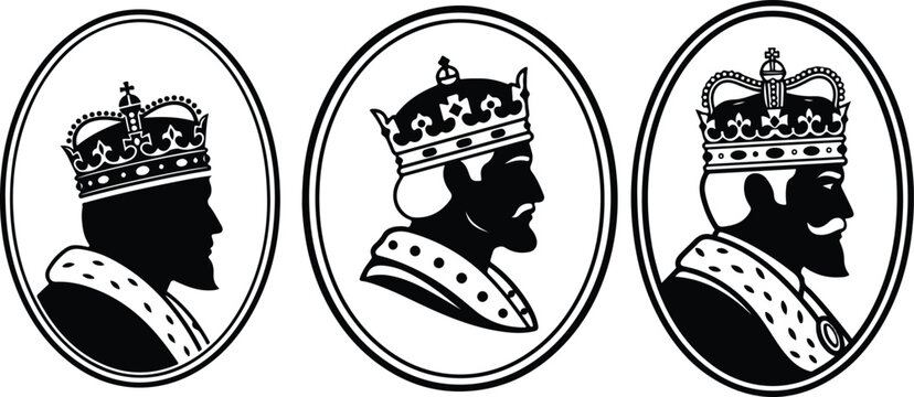 Vector Set of King or Emperor Profile Silhouettes Wearing Ornate Crowns and Robes in Oval Frames