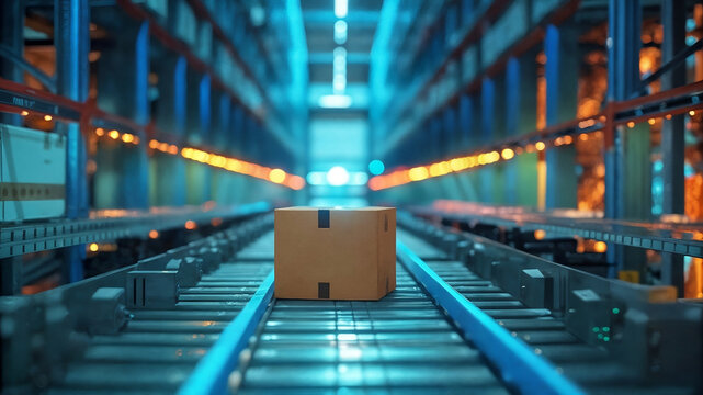 Highly automated warehouse system using AI-powered conveyor distribution and robotic logistics to optimize global supply chain efficiency and intelligent inventory management